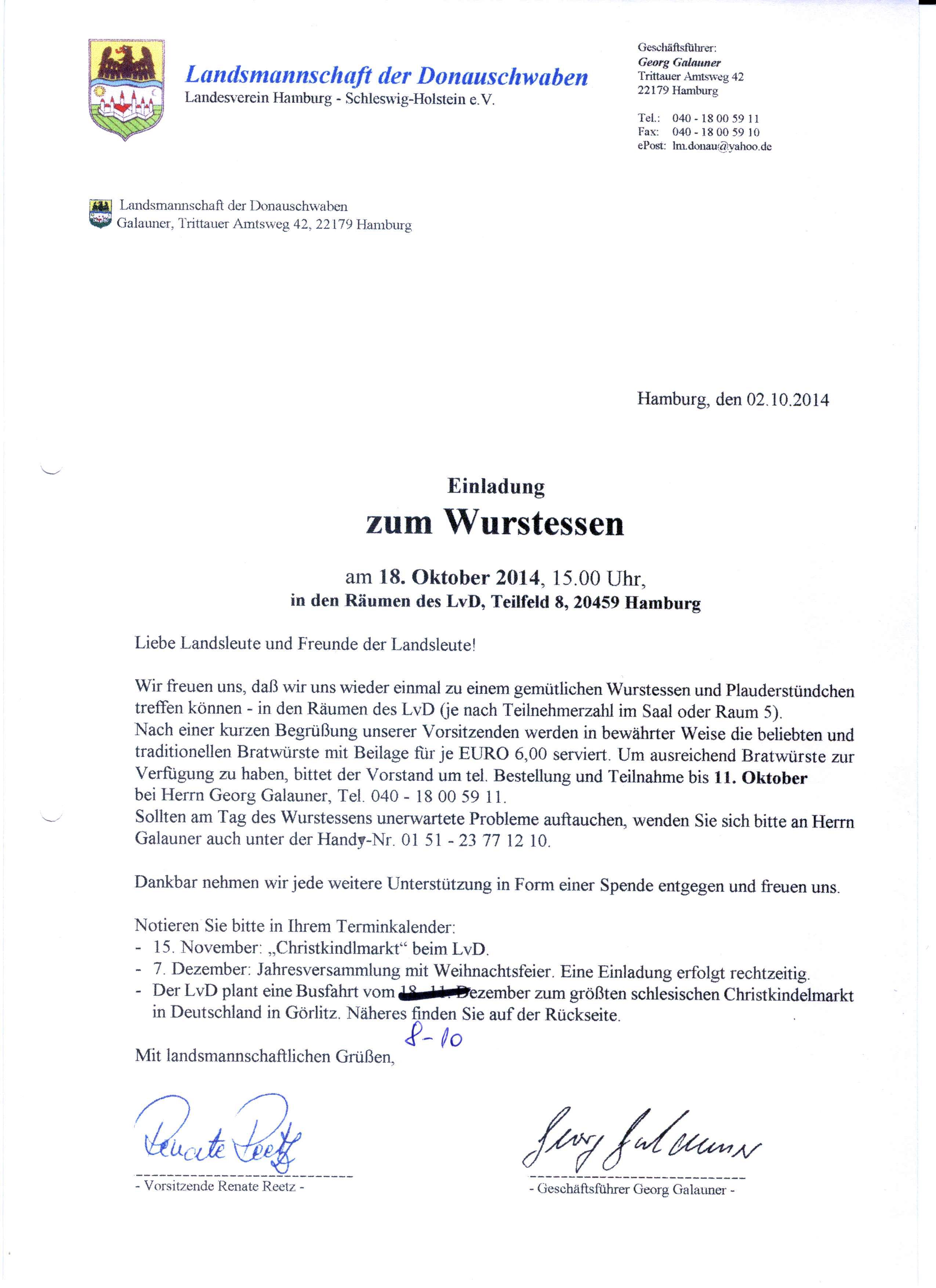Einladung Wurstessen 2014